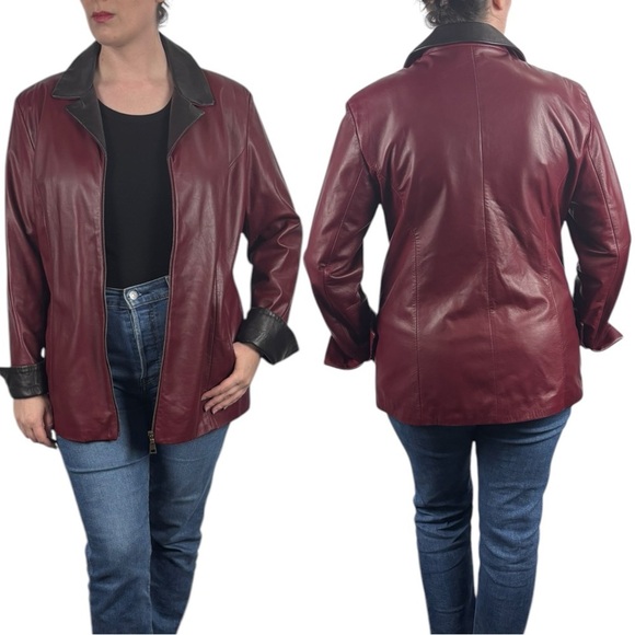 VINTAGE 90S PERUZZI CHERRY RED BLACK WAIST TIE ZIP UP ITALIAN LEATHER JACKET - Picture 2 of 16